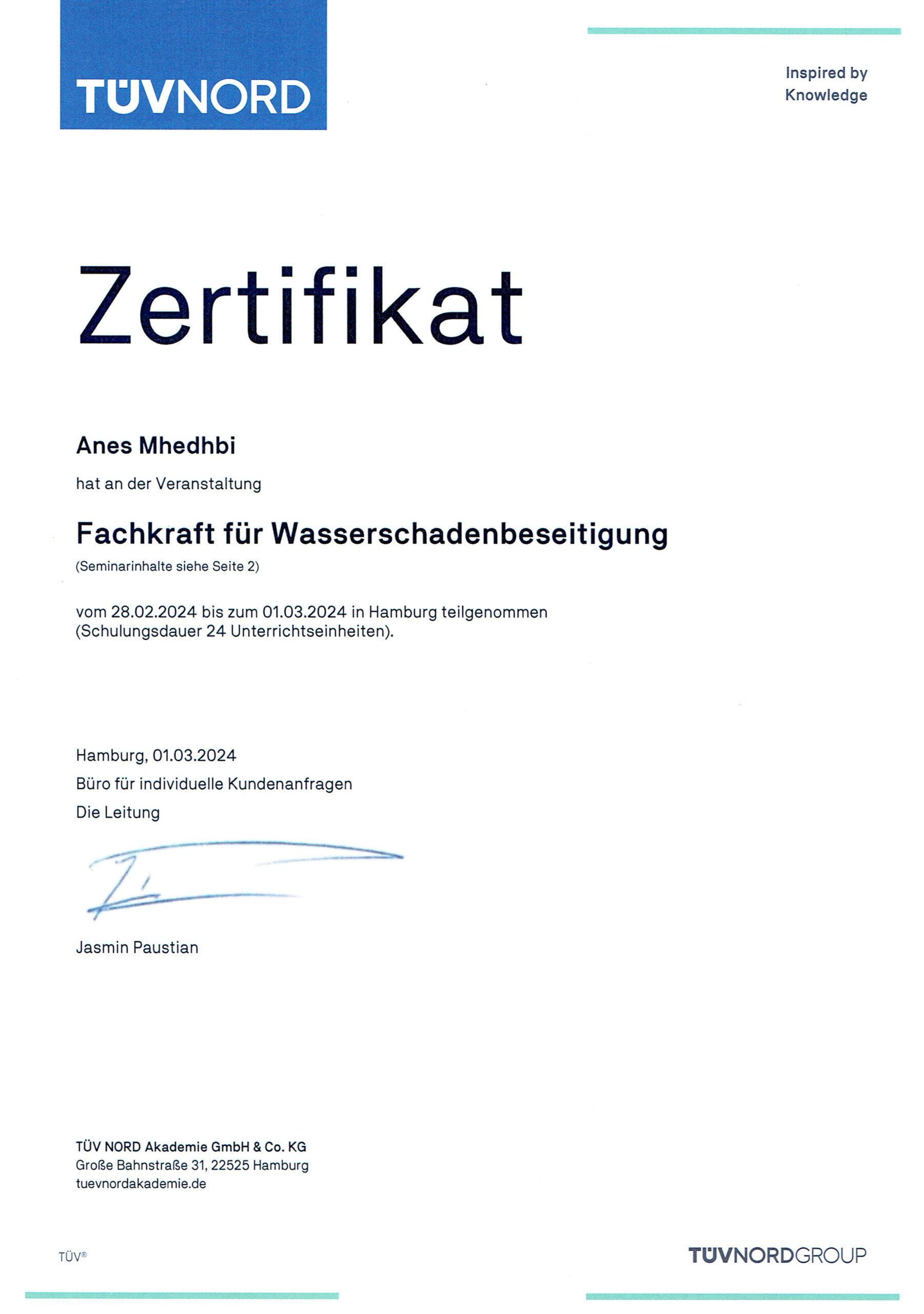 Zertifikat Fachkraft für Wasserschadenbeseitigung von MeinSpachtler