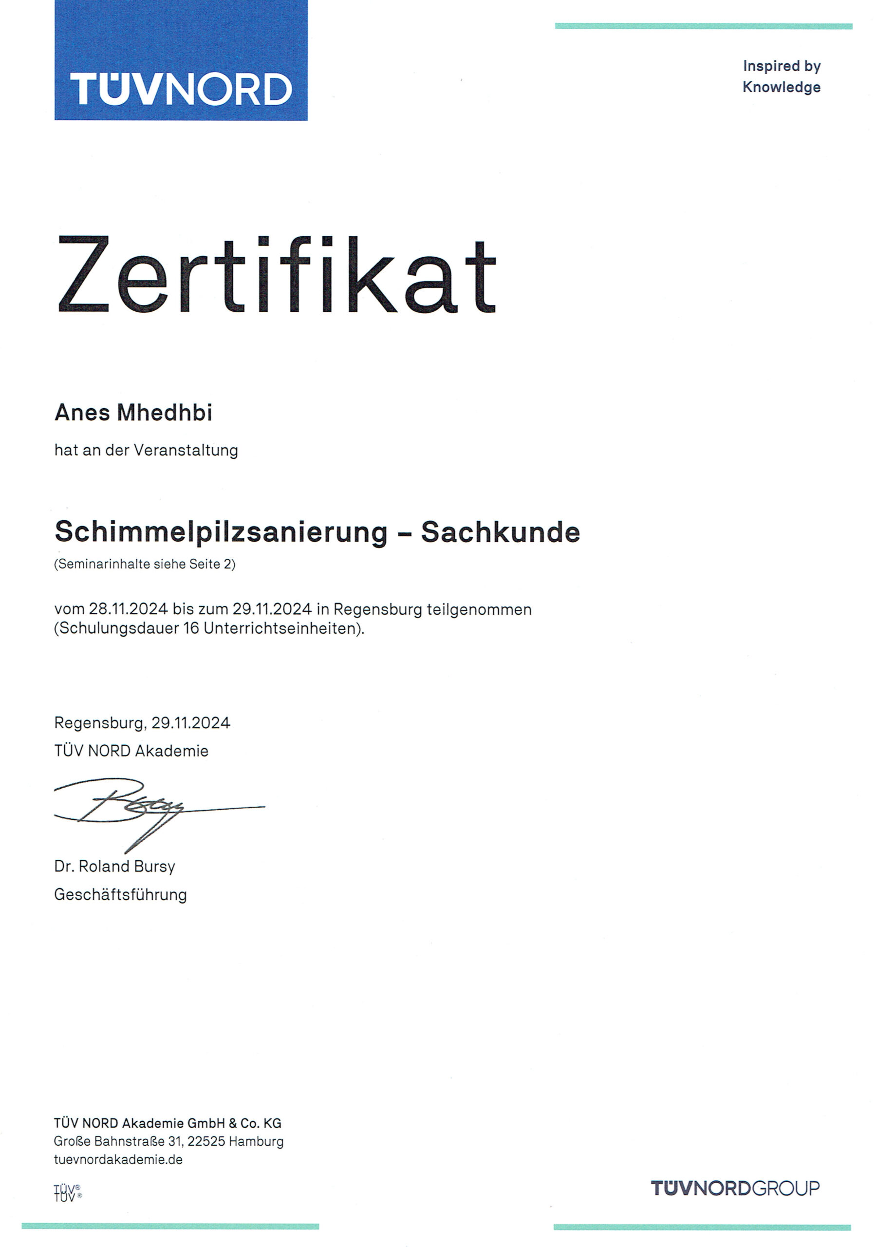 Zertifikat über Sachkunde in der Schimmelpilzsanierung von MeinSpachtler