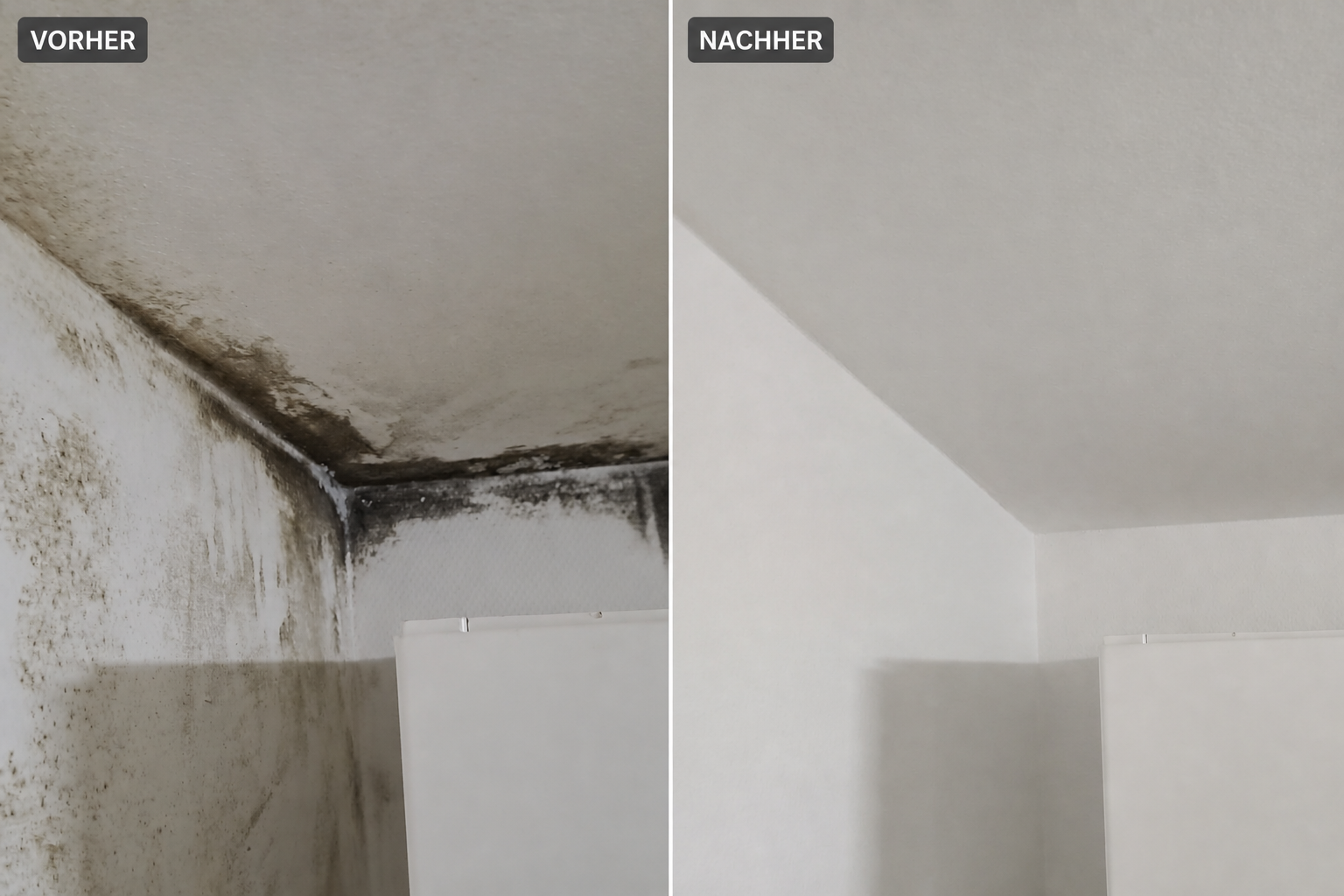Vorher-Nachher-Vergleich einer Schimmelbeseitigung an Wand und Decke in Köln