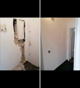 Vorher-Nachher einer Wandsanierung nach Leitungsarbeiten in Köln